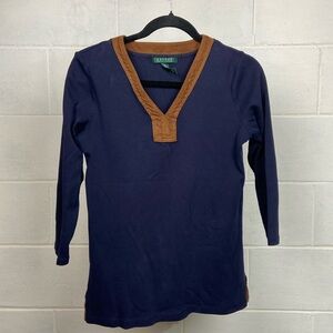 Lauren Ralph Lauren Women's Classic Cotton V-neck Blouse‎ Medium Navy Suede Trim